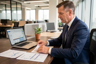 Conseiller financier analysant des documents relatifs aux actifs patrimoniaux dans un bureau moderne