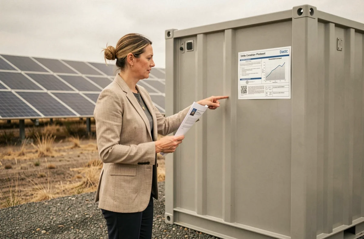Consultante en énergie devant un système de stockage par batterie à grande échelle dans une ferme solaire