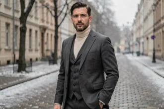Homme en costume trois pièces charbon porté sur un col roulé crème pour rester au chaud en hiver en ville