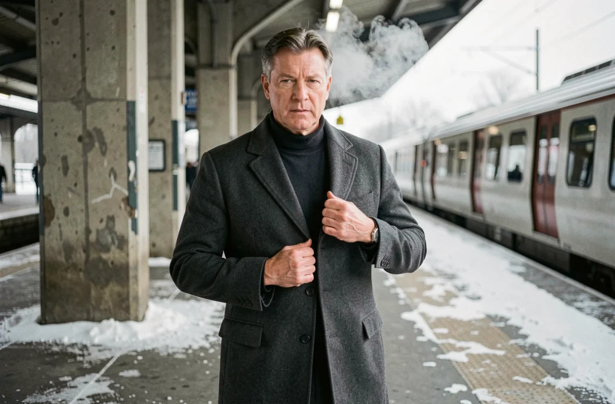 Homme en costume flanelle gris et manteau d'hiver sur un quai de gare par temps froid avec buée visible