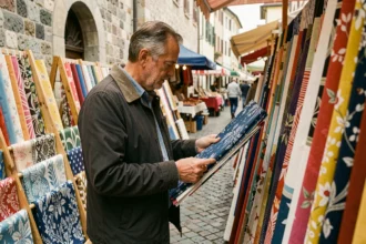 Homme examinant des tissus colorés bleus et blancs sur un marché en plein air