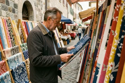 Homme examinant des tissus colorés bleus et blancs sur un marché en plein air
