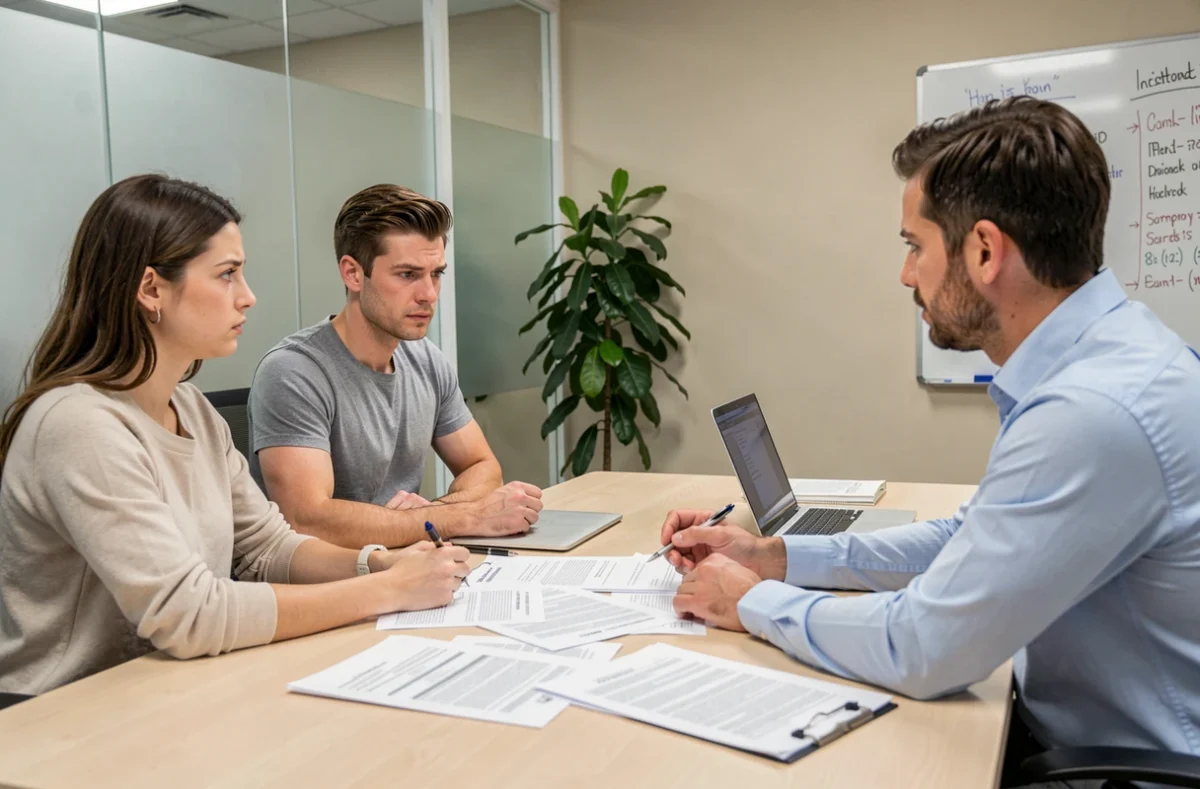 Couple consultant un conseiller financier pour négocier l'élimination de prêts étudiants privés