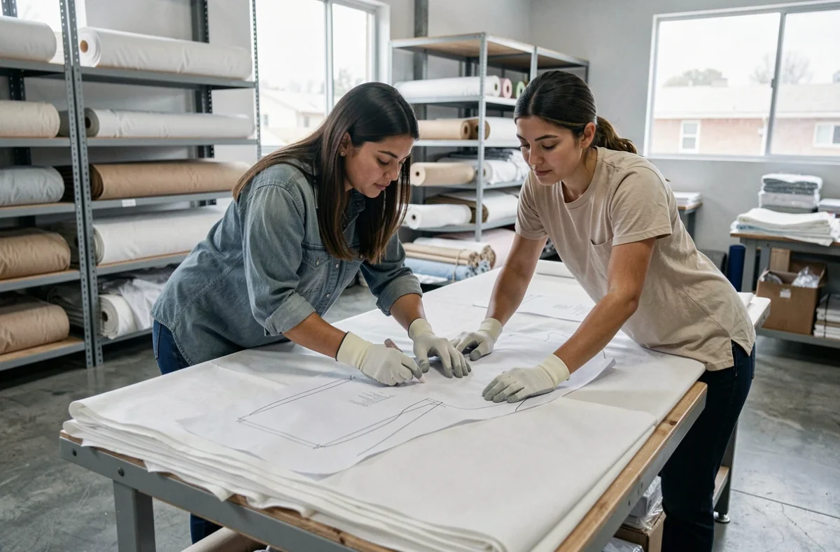 Deux couturières découpant des patrons sur une grande table dans un atelier de production textile