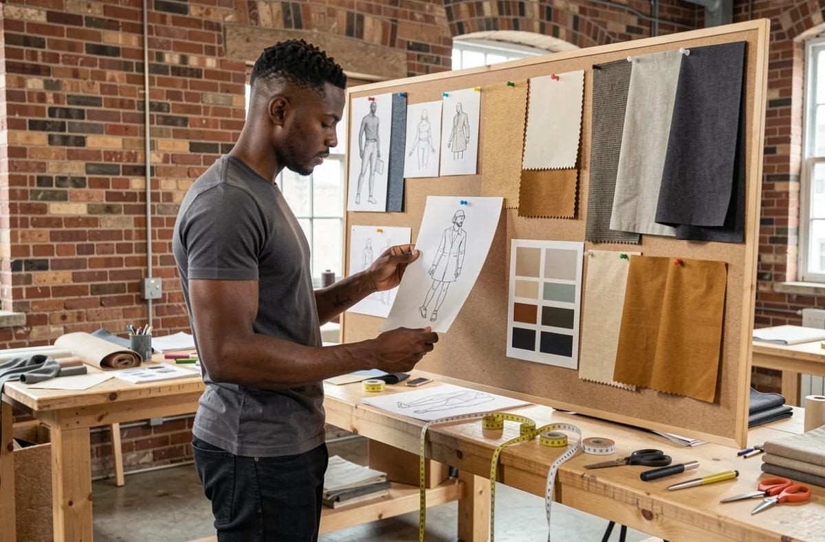 Créateur de mode masculin examinant des croquis et des échantillons de tissu dans un atelier de design