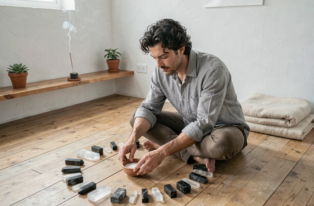 Homme arrangeant des cristaux purificateurs dans une pièce de méditation épurée pour éloigner les mauvaises énergies