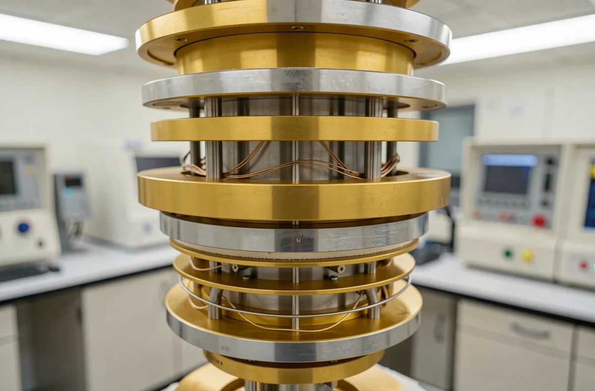 Détail rapproché du cryostat d'un ordinateur quantique avec ses couches métalliques dorées ressemblant à un lustre
