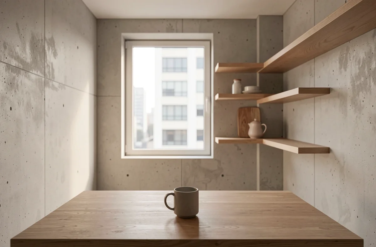 Cuisine minimaliste épurée avec étagères ouvertes et décoration essentielle