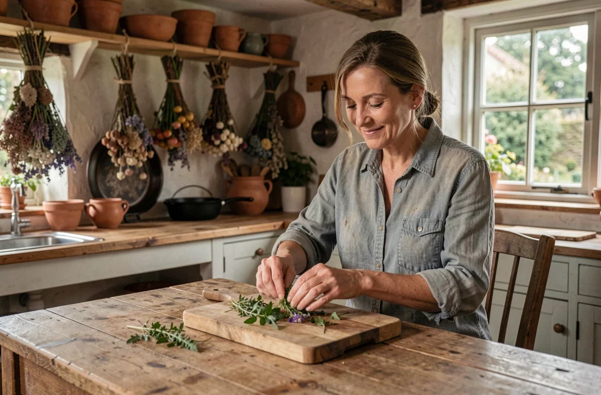 Femme arrangeant des herbes fraîches dans une cuisine rustique, symbole du mode de vie lent et de la simplicité volontaire