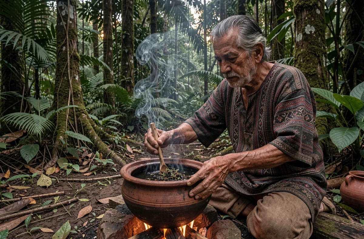 Curandero préparant la brew d'ayahuasca dans une clairière de la forêt amazonienne