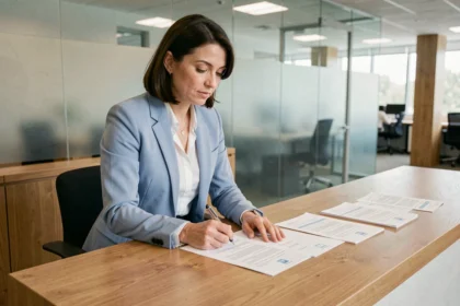 Femme signant des documents de prêt bancaire dans une agence moderne pour débloquer des fonds