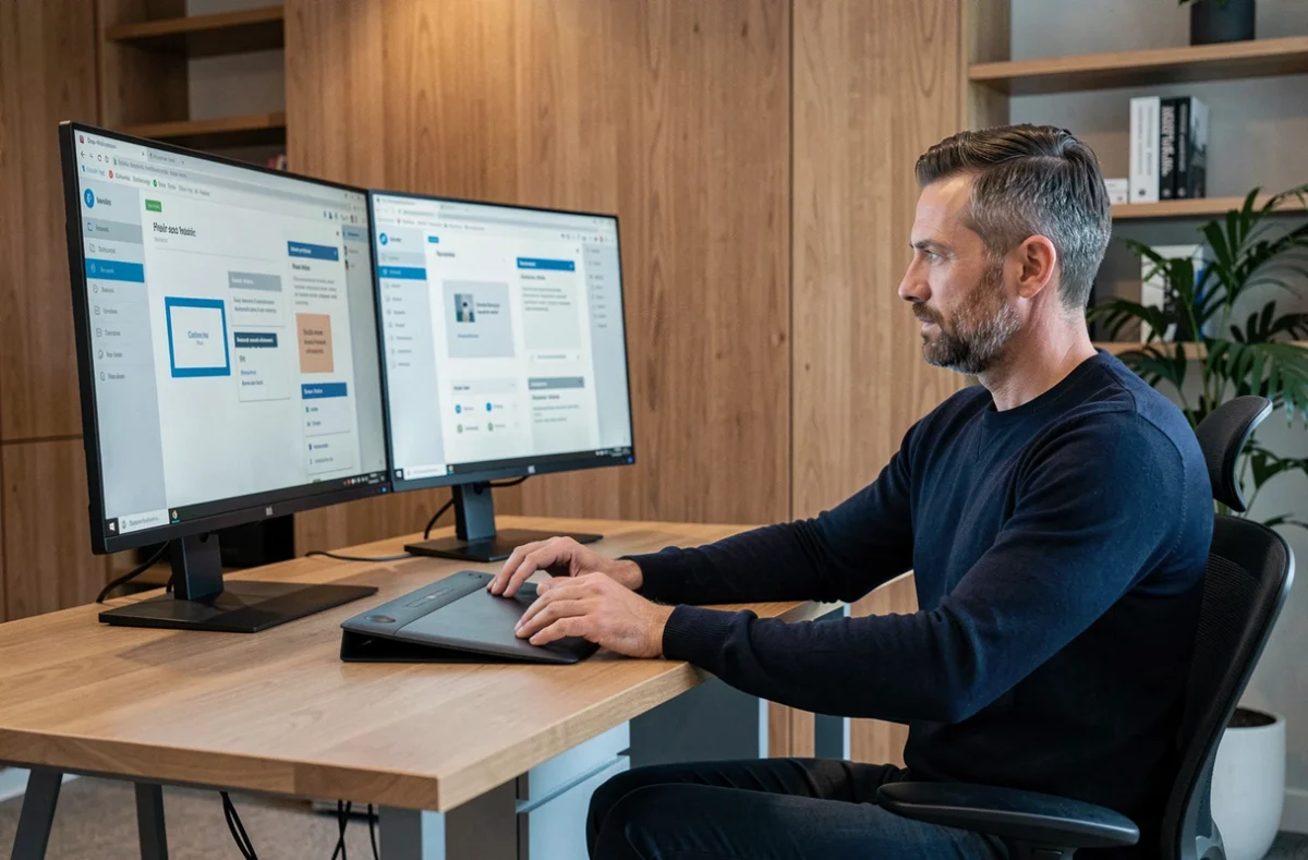 Designer UX masculin travaillant sur des maquettes d'interface sur un poste de travail professionnel haut de gamme