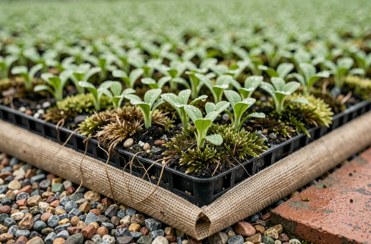 Détail des couches d'un toit végétalisé extensif avec sedums et substrat drainant