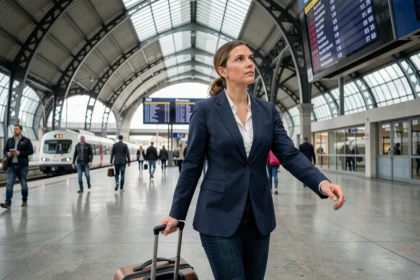 Femme active avec valise dans une gare moderne, illustrant les déterminants de la mobilité professionnelle