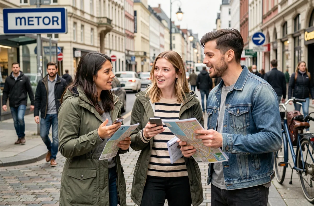 Groupe de jeunes adultes consultant des cartes de transport en commun en ville, illustrant la mobilité quotidienne urbaine
