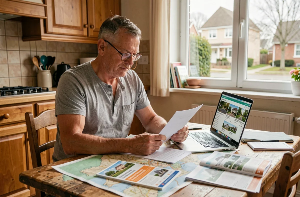 Homme d'âge mûr étudiant des cartes et des annonces immobilières, représentant les facteurs de mobilité résidentielle