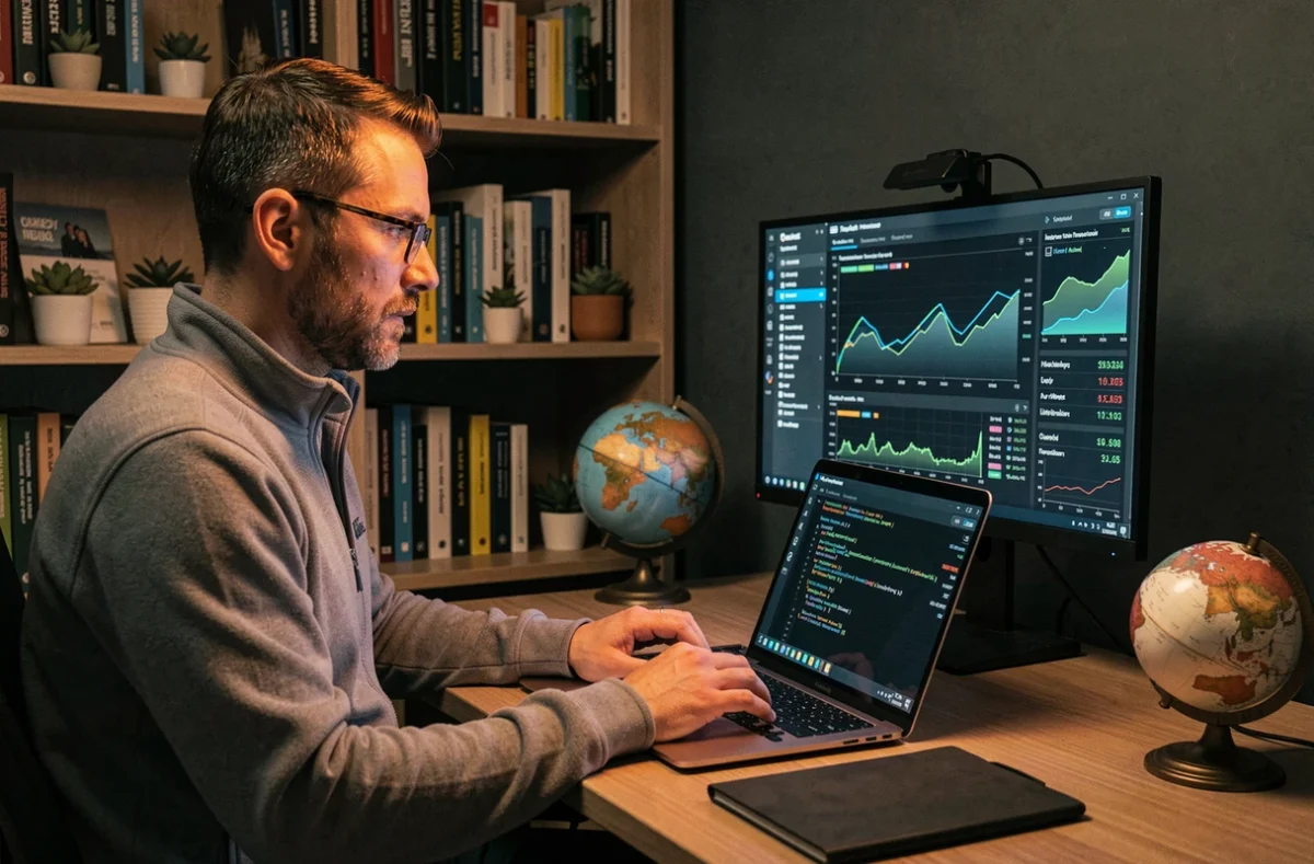 Développeur barbu consultant un tableau de bord en temps réel des performances de blockchain depuis son bureau à domicile