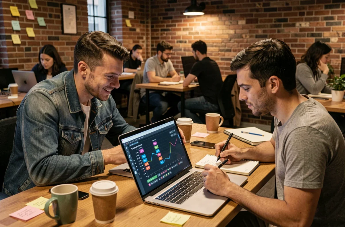 Deux développeurs analysant un goulot d'étranglement de transactions blockchain sur un ordinateur portable dans un espace de coworking