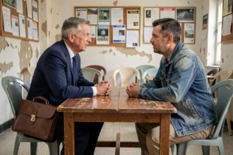Deux hommes aux statuts socio-économiques contrastés en discussion dans un centre communautaire, illustrant le dialogue entre riches et pauvres