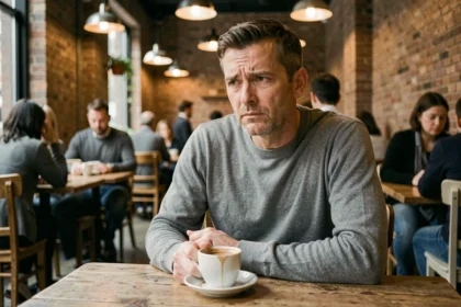 Homme seul dans un café urbain avec une expression distante, illustrant la difficulté à être gentil avec les autres