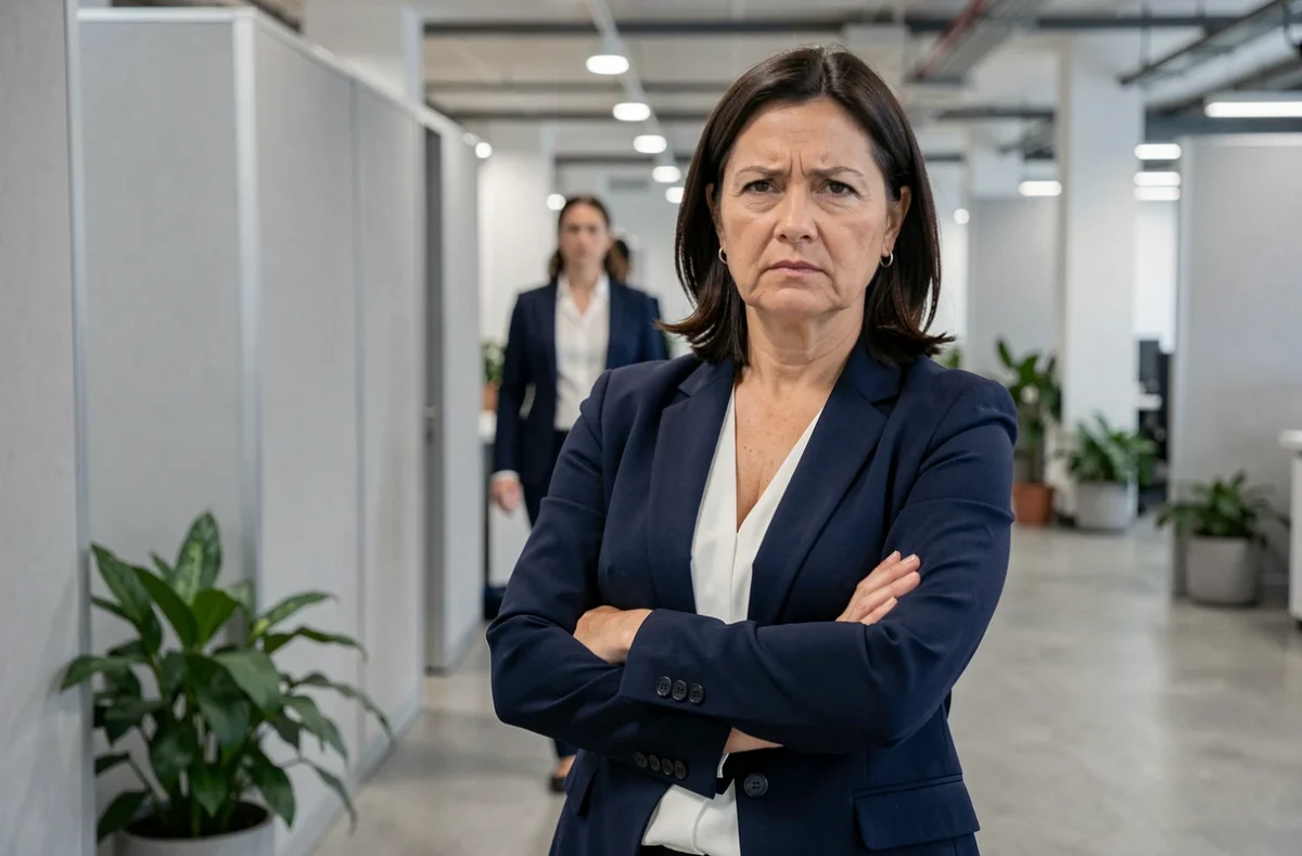 Femme en blazer dans un couloir de bureau les bras croisés, symbolisant la difficulté relationnelle et l'indifférence sociale