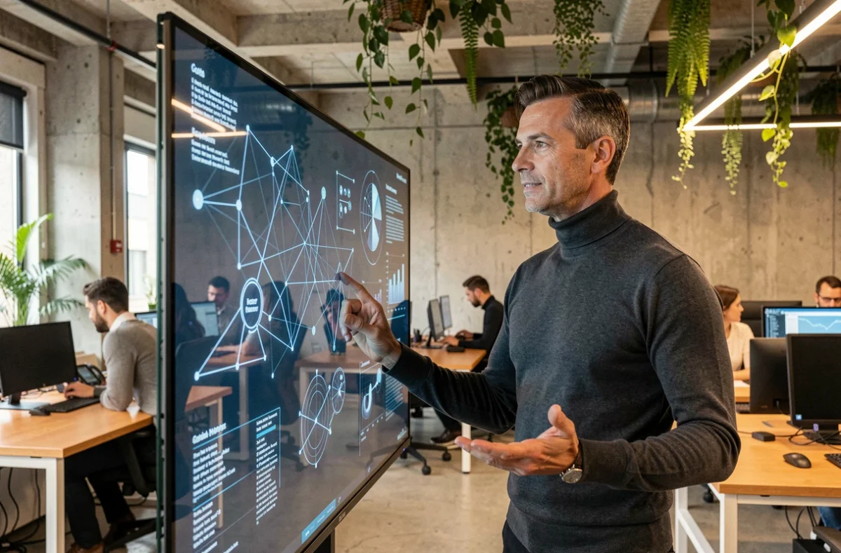 Directeur technologique interagissant avec un écran holographique de données dans un bureau innovant moderne