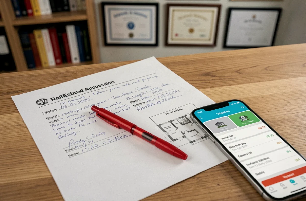Document d'évaluation immobilière avec notes manuscrites et plan de maison posés sur un bureau en bois
