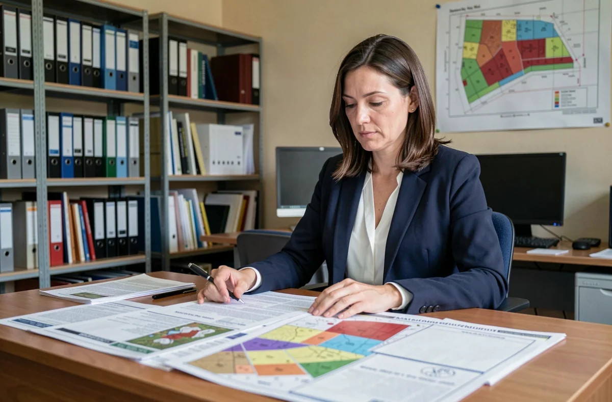 Femme consultant des documents de zonage PLU dans un bureau d'urbanisme municipal pour évaluer la constructibilité d'un terrain