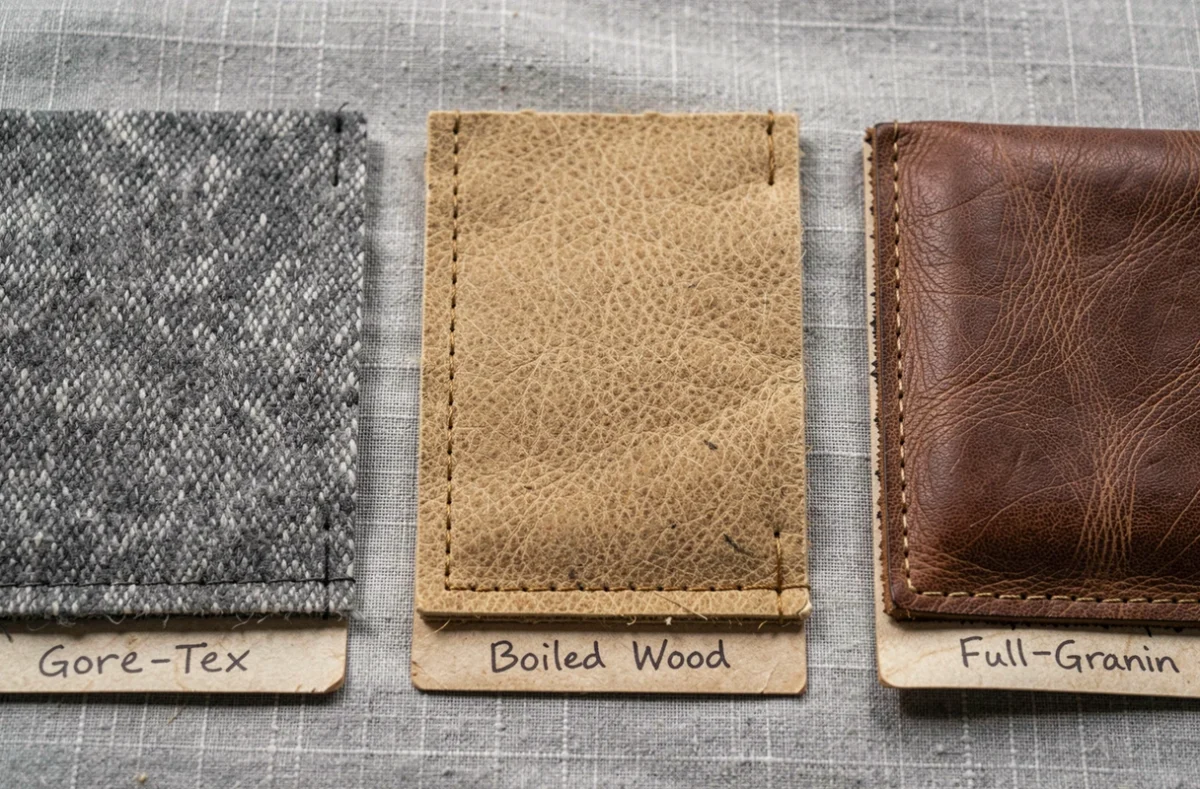 Gros plan de trois échantillons de matériaux de veste — Gore-Tex, laine bouillie et cuir pleine fleur — illustrant leurs textures et leur durabilité respective