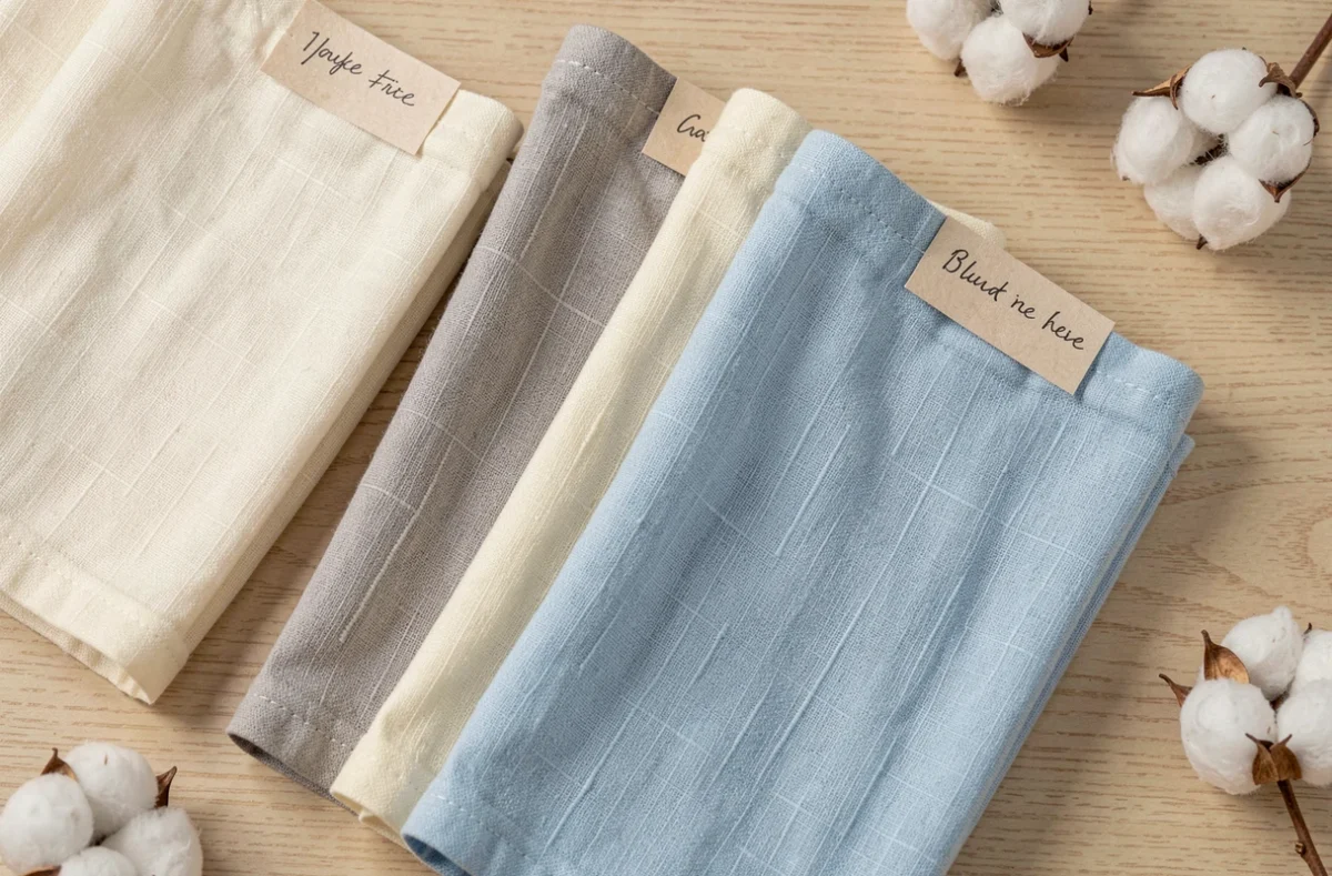 Échantillons de tissus respirants lin bambou et coton disposés en flat lay sur bois naturel