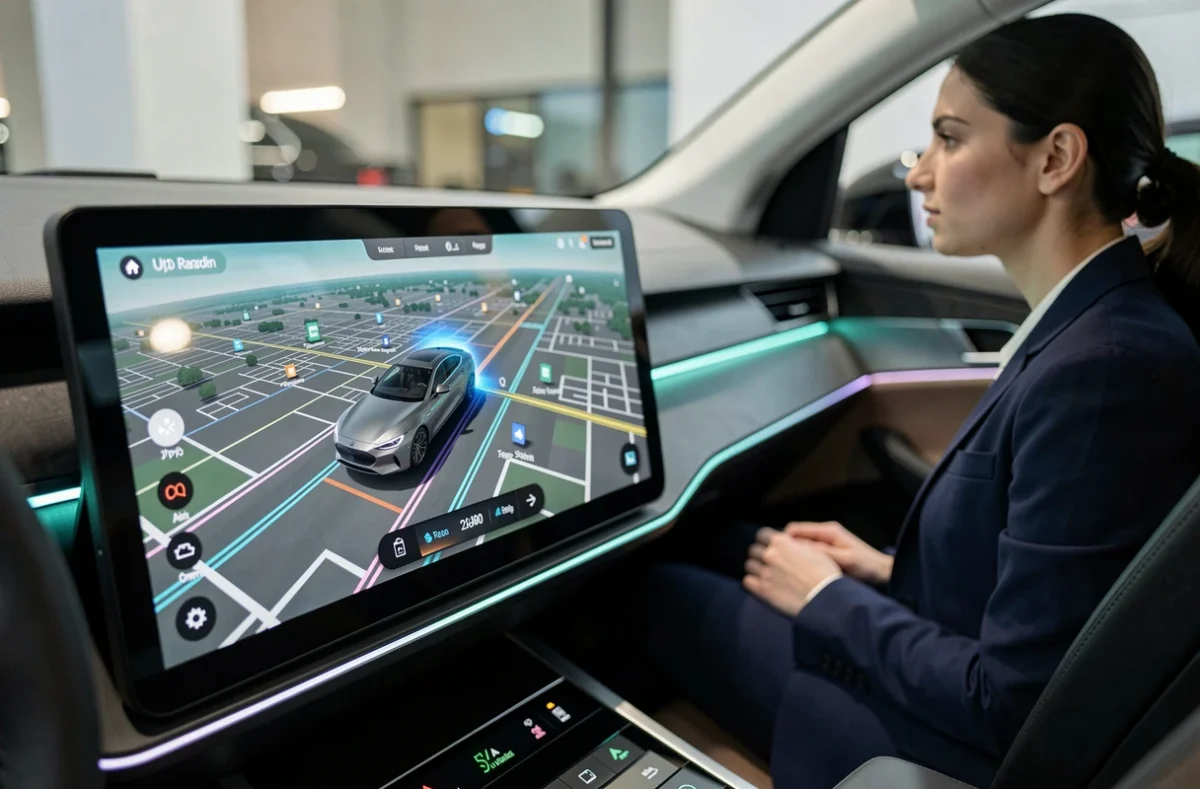 Écran de pilotage automatique dans une voiture électrique affichant une interface de conduite autonome avec carte 3D et détection des obstacles