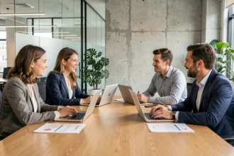 Réunion professionnelle mixte autour d'une table de conférence moderne, illustrant l'égalité homme-femme en entreprise