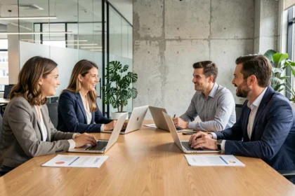 Réunion professionnelle mixte autour d'une table de conférence moderne, illustrant l'égalité homme-femme en entreprise