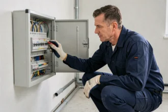 Électricien inspectant un tableau électrique résidentiel pour une installation en autoconsommation solaire monophasée