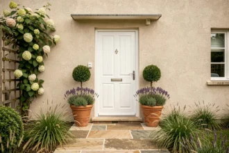 Façade de maison embellie avec une porte blanche, des pots de lavande et un chemin en pierre