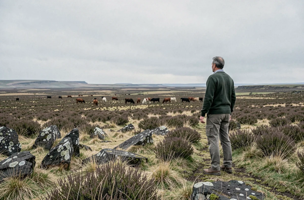 Homme solitaire contemplant le plateau de l'Aubrac, paysage vide et sauvage, silence et tranquillité en France rurale