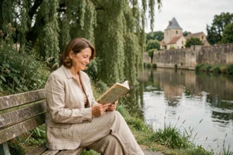 Femme lisant au bord d'une rivière tranquille en Dordogne, village médiéval en arrière-plan, campagne française apaisante