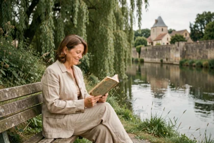 Femme lisant au bord d'une rivière tranquille en Dordogne, village médiéval en arrière-plan, campagne française apaisante