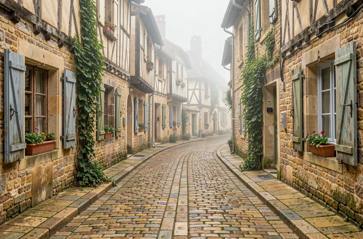 Ruelle médiévale vide et silencieuse du village fortifié de Pérouges, Ain, atmosphère matinale apaisante et hors du temps
