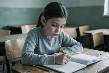 Jeune fille mélancolique assise seule à son bureau scolaire, regard vide, illustrant les signes de dépression chez l'enfant