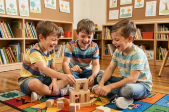 Trois enfants en train de jouer avec des blocs de construction en bois dans une salle de classe colorée, illustrant l'apprentissage par le jeu