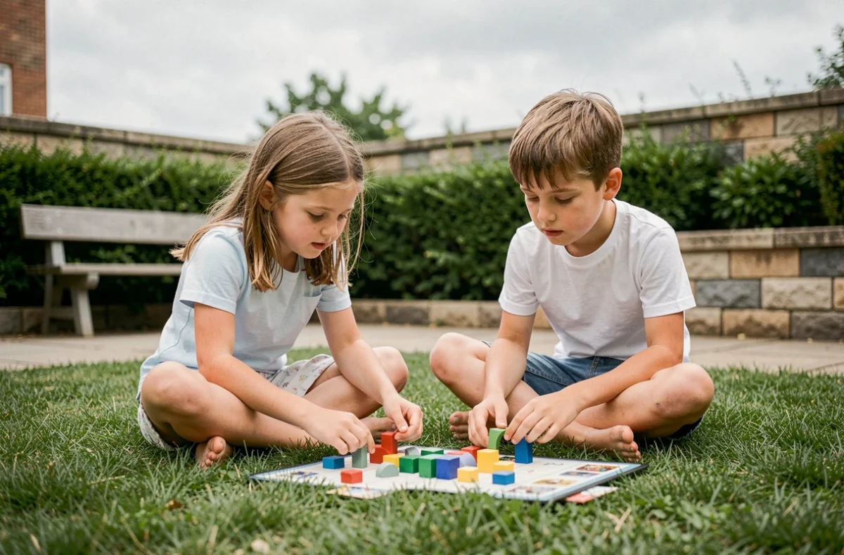 Une fille et un garçon jouant à un jeu de société en plein air dans une cour d'école, représentant l'apprentissage ludique et le développement cognitif