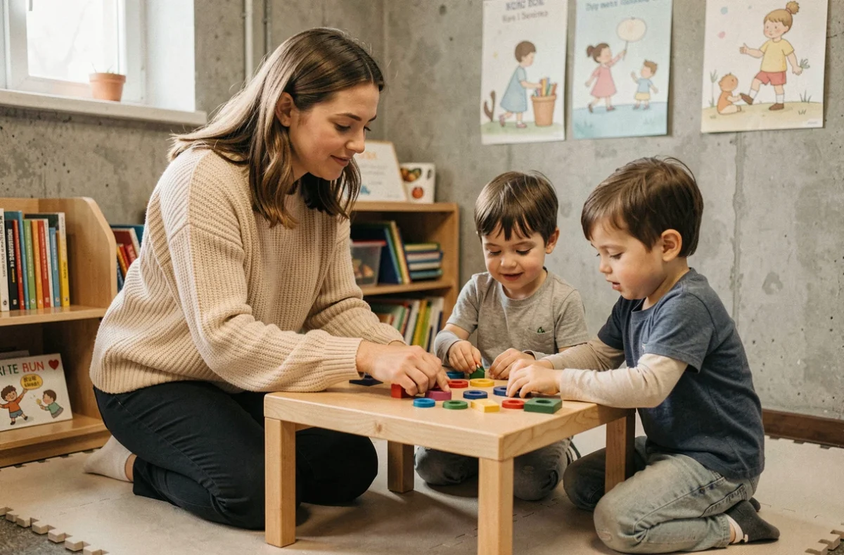 Une enseignante guidant deux jeunes élèves dans un jeu éducatif sensoriel en classe, illustrant l'importance du jeu dans l'apprentissage scolaire