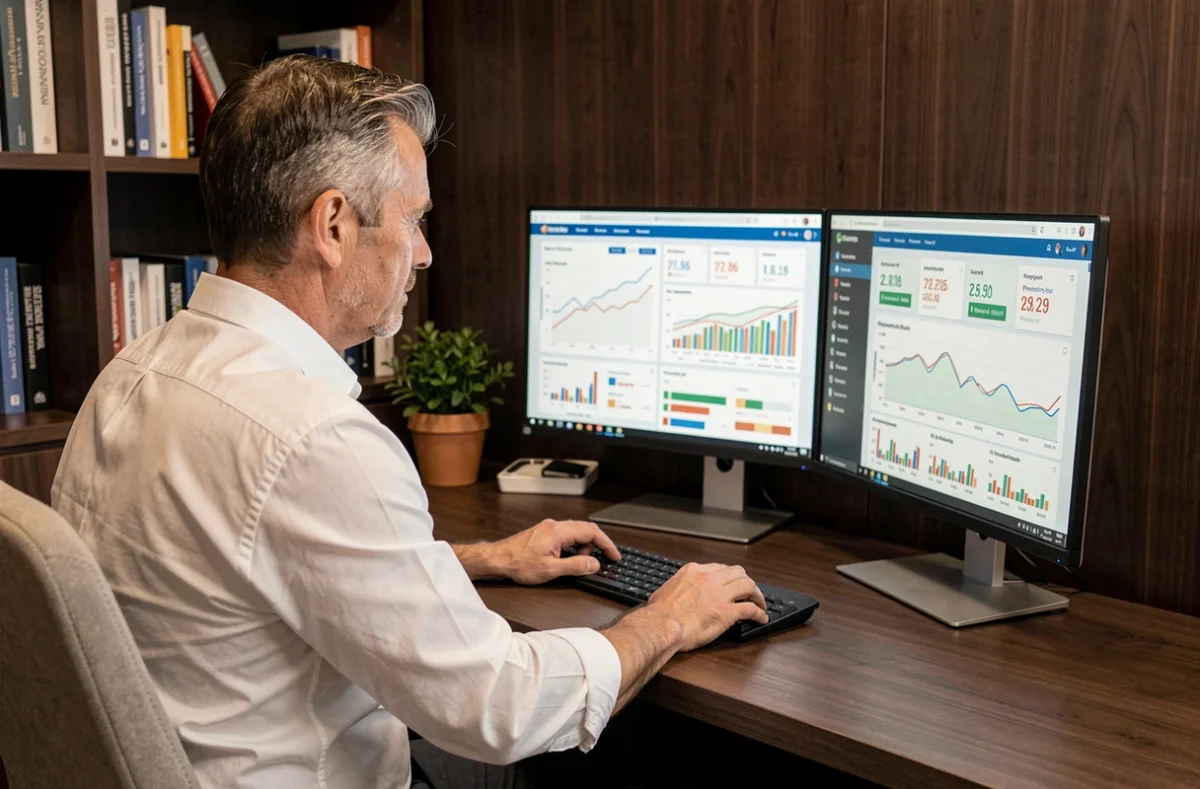 Entrepreneur analysant des tableaux de bord numériques mesurant l'impact sur la performance de son entreprise