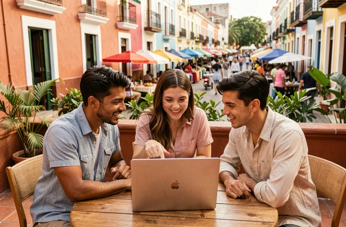 Jeunes entrepreneurs réunis autour d'un ordinateur portable dans une ville d'Amérique latine, représentant l'essor des startups et de l'innovation dans les pays émergents