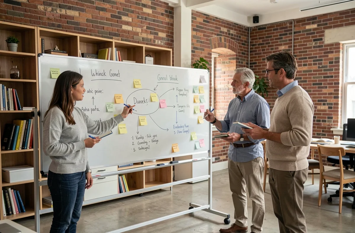 Équipe diverse définissant les objectifs d'un partenariat stratégique autour d'un tableau blanc en bureau collaboratif