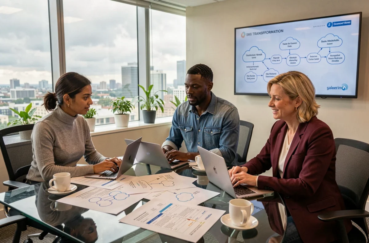Équipe pluridisciplinaire travaillant sur une feuille de route de transformation cloud en salle de réunion