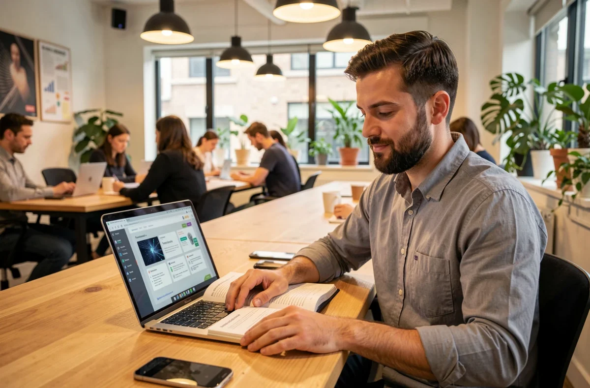 Homme étudiant pour une certification en cybersécurité dans un espace de coworking moderne avec livre et ordinateur portable