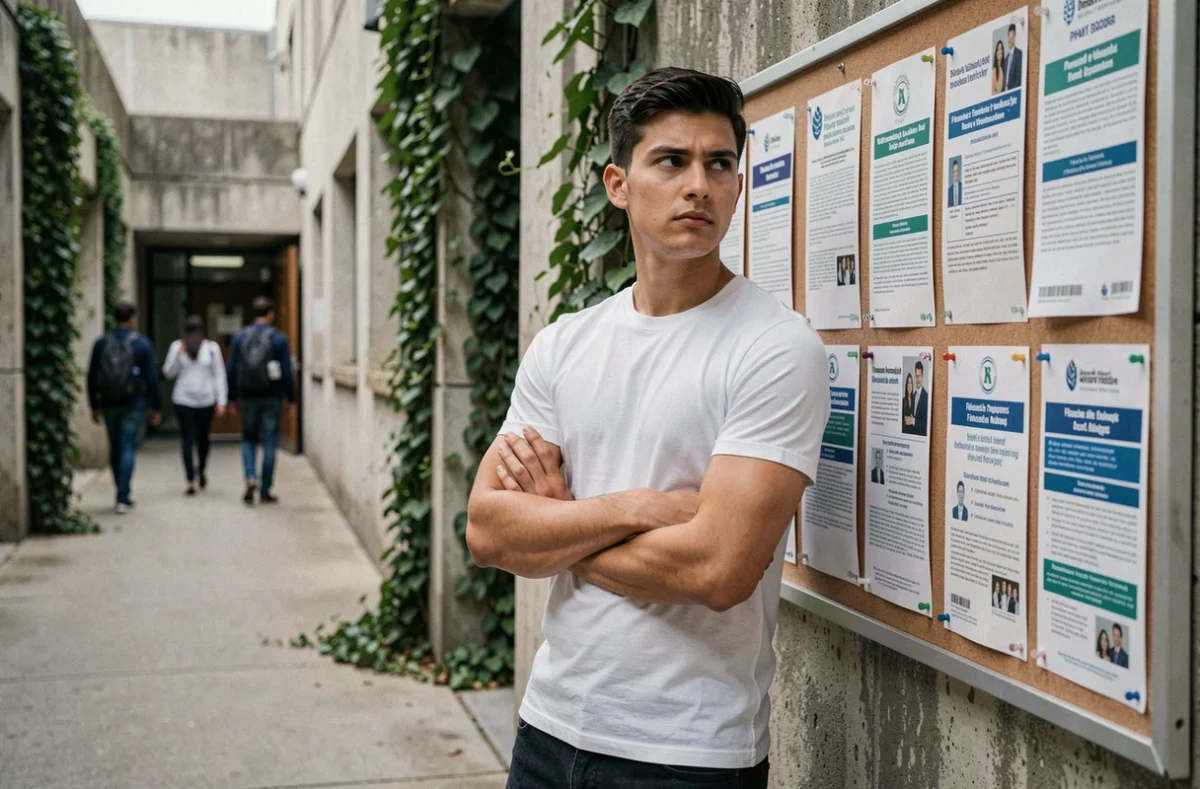 Étudiant masculin devant un panneau d'affichage universitaire avec des informations sur les aides financières et prêts étudiants
