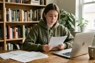 Étudiante universitaire examinant des documents de prêt étudiant à son bureau dans un appartement modeste